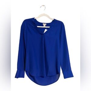 J. Crew Eyelet V-Neck Long Sleeve Blouse Royal Blue XXS Business Career Preppy